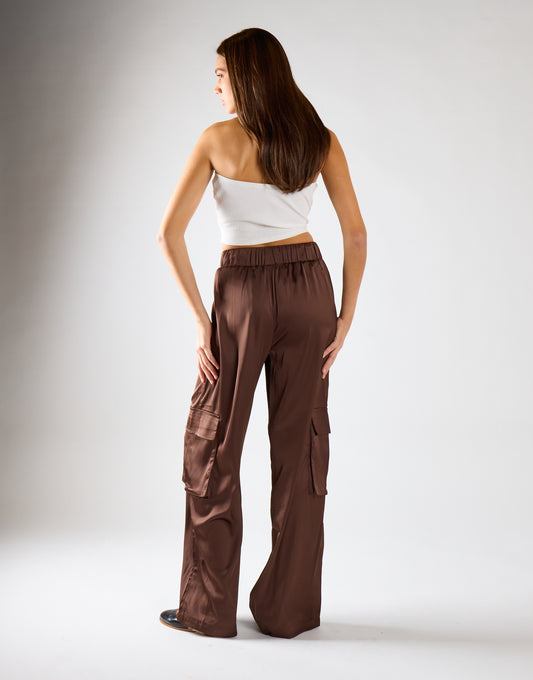 Brown Satin Cargo Trousers