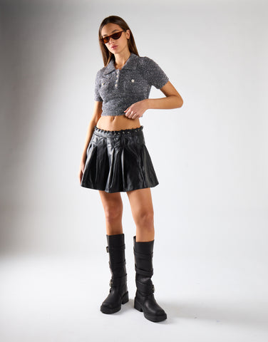 Black-PU Pleated Mini Skirt
