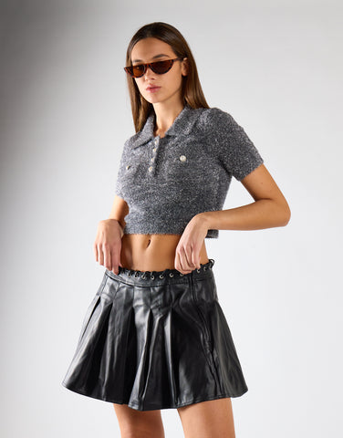 Black-PU Pleated Mini Skirt