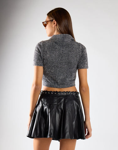 Black-PU Pleated Mini Skirt