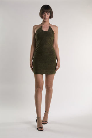 Black-Silver-Glitter Chain-Halter-Neck Mini Dress