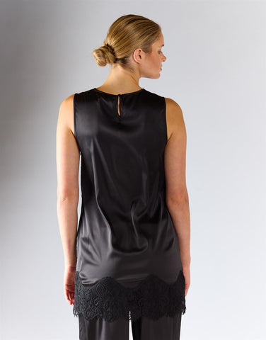 Black Satin Sleeveless Lace-Trim Dress