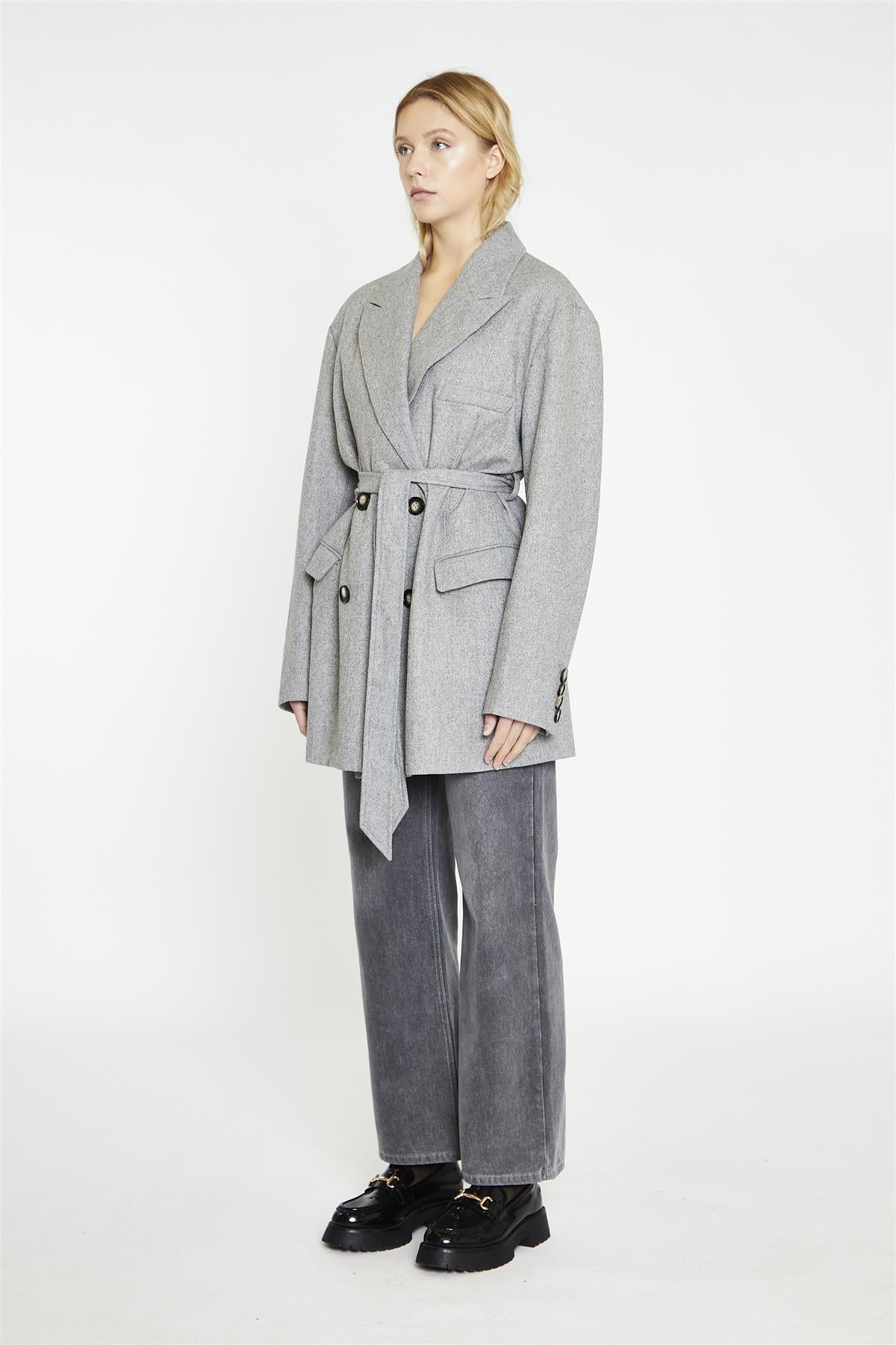Grey Belted-Button-Front Oversized-Coat