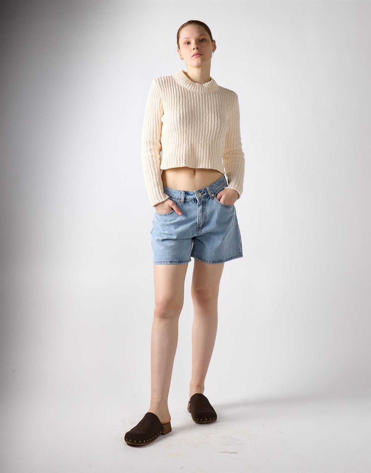 High Waist Rigid Denim Shorts - Mid Blue