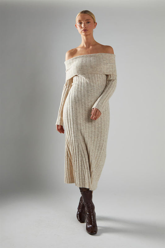 Stone-Marl Bardot-Knit Midi-Dress