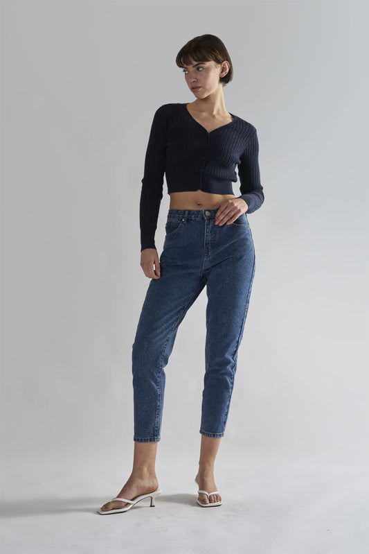 Navy Button-Front-Crop Cardigan
