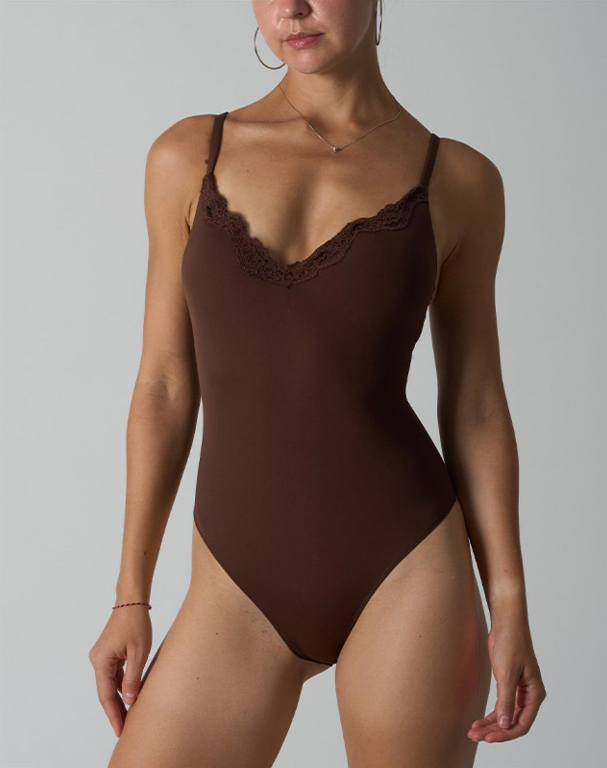 Agon Brown Lace-Trim V-Neck Bodysuit