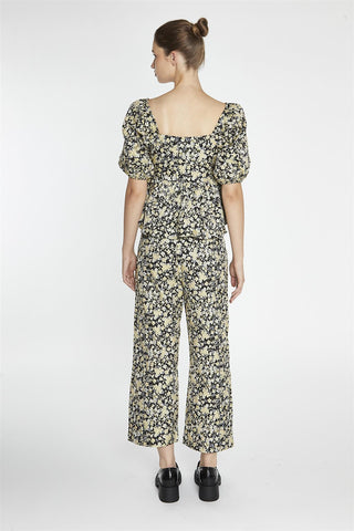 Black-Yellow Brocade Square-Neck Peplum-Top