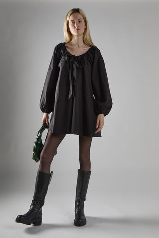 Black Long-Sleeve Tie Detail Mini-Dress