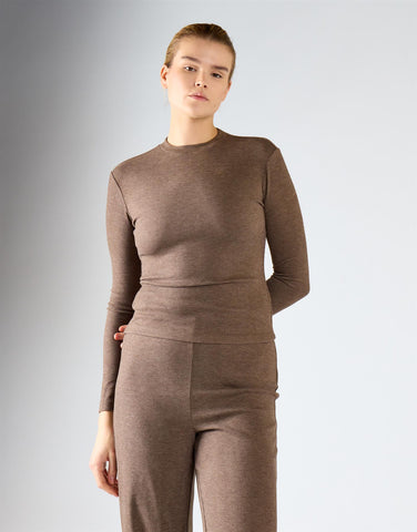 Brown Rib Fitted Long-Sleeves Crewneck Top