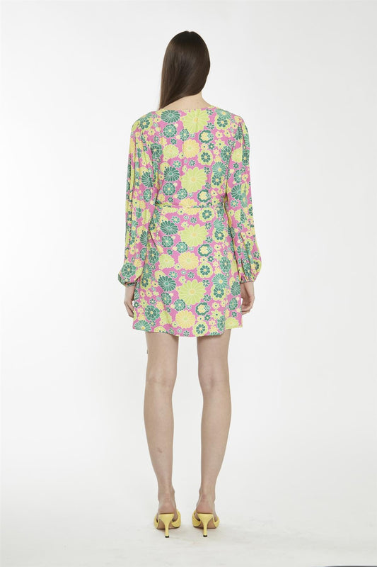 Pink-Multi-60S-Flower Wrap Mini-Dress