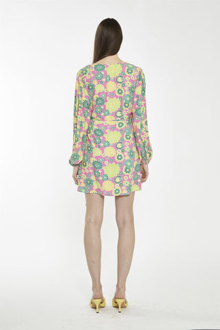 Pink-Multi-60S-Flower Wrap Mini-Dress