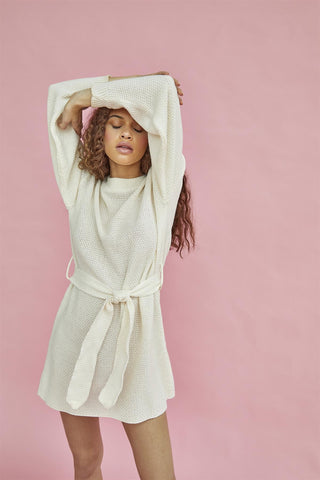 True-Ecru Knitted Mini Dress with Tie Belt