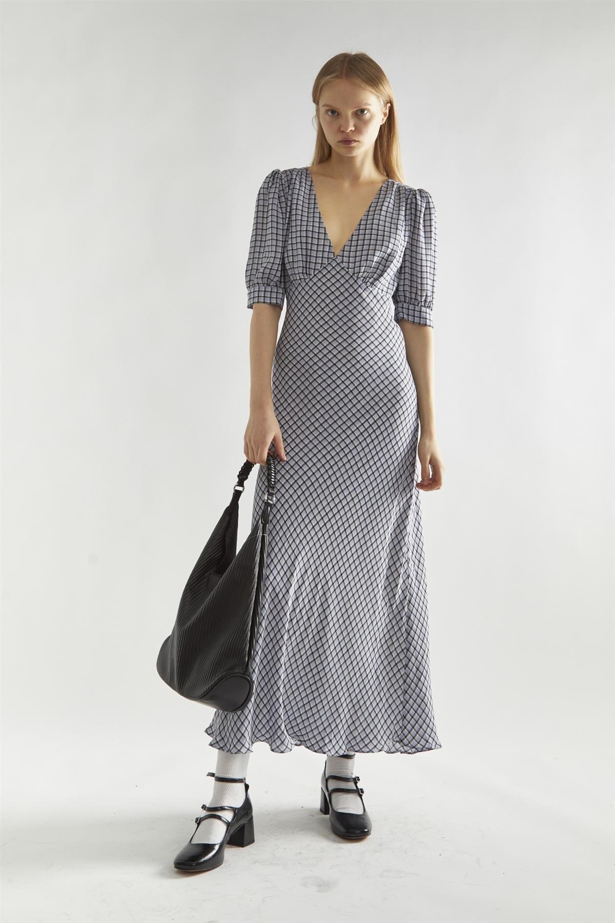 Light-Blue Check V-neck Midi Tea-Dress