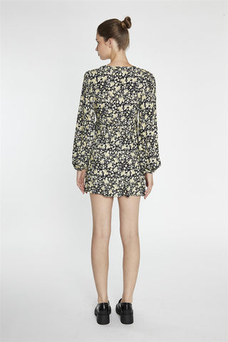 Yellow-Folk Floral Wrap Mini-Dress