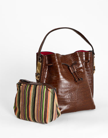 Brown Croc Embossed Drawstring Bucket Bag