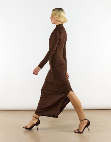 High Neck Split Front Maxi Dress in Dark Brown