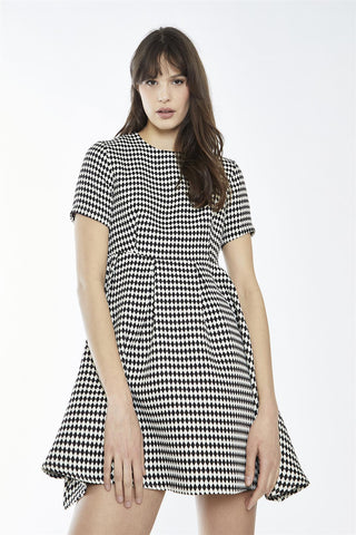 Black-White Diamond Crew-Neck Skater Mini-Dress