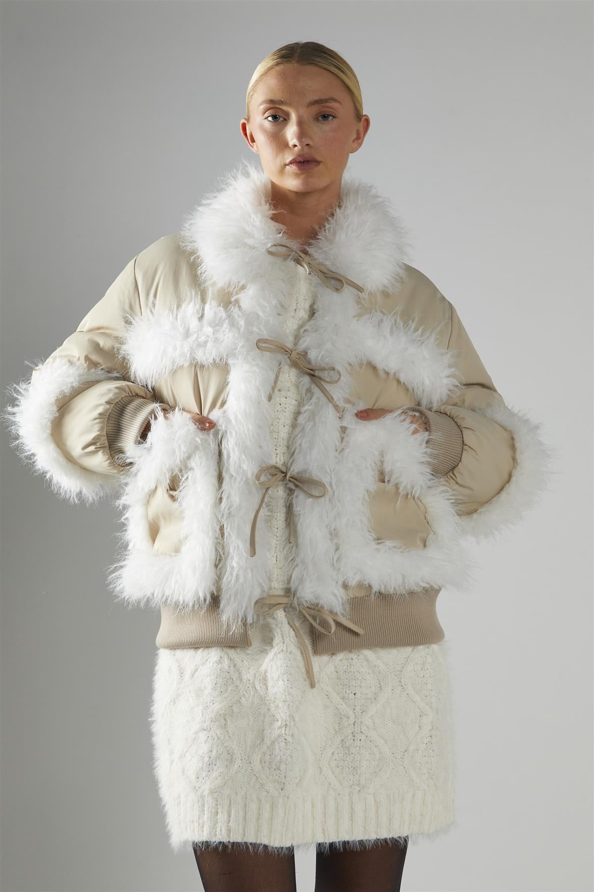 Tie Front Fur Lined Jacket - Stone White
