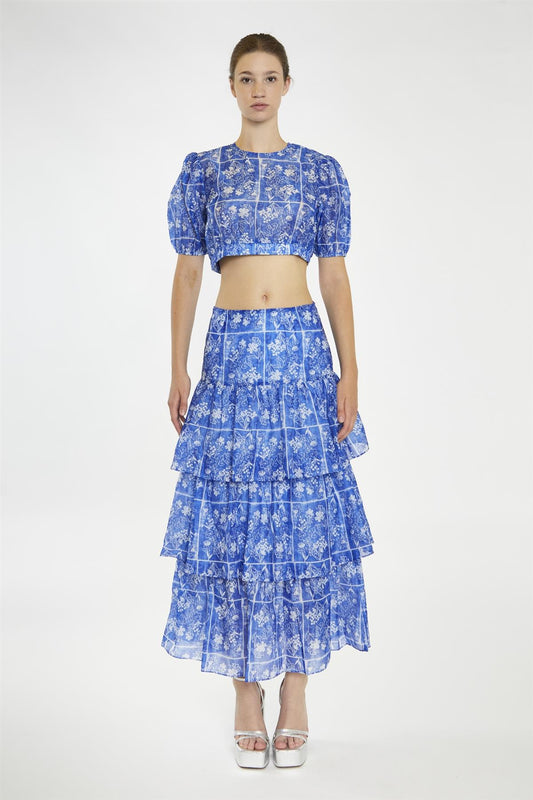 Blue-Tile Organza Puff Sleeve Crop-Top