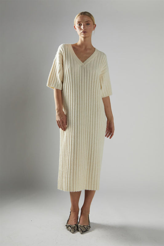 Ecru V-Neck-Knitted Midi-Dress