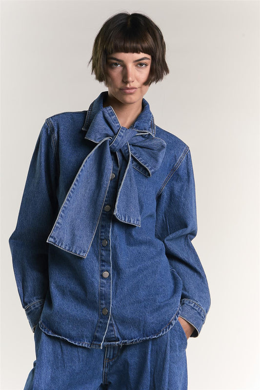 True Blue Pussy Bow Denim Blouse