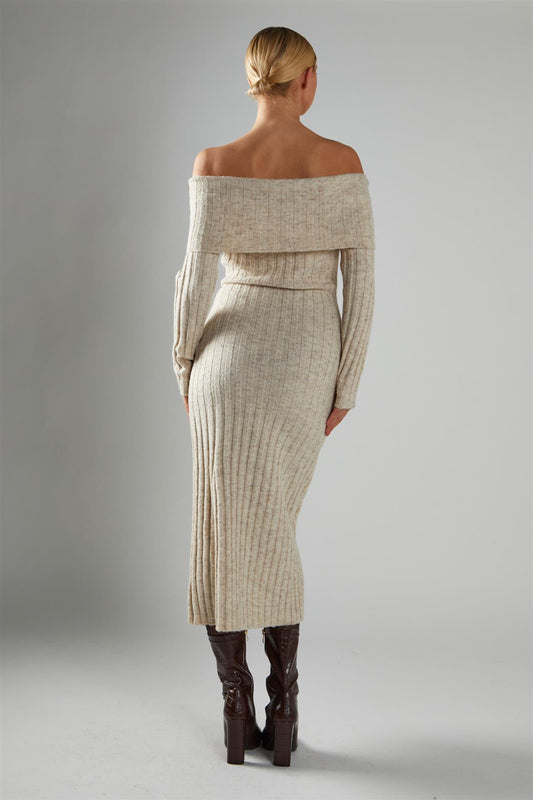 Stone-Marl Bardot-Knit Midi-Dress