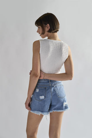 Authentic Mid Blue Ripped Denim Shorts
