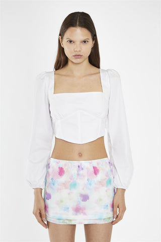 White Long Puff Sleeve Tie-Detail Crop-Top