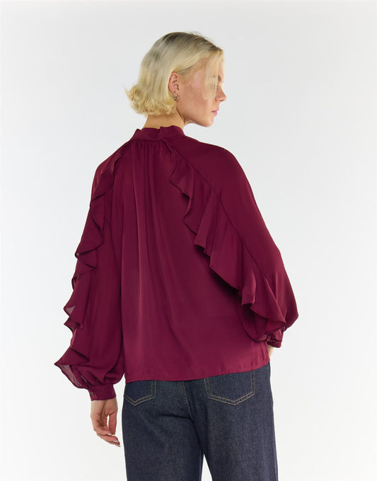 Collection Ruffled Bow Blouse in Burgundy