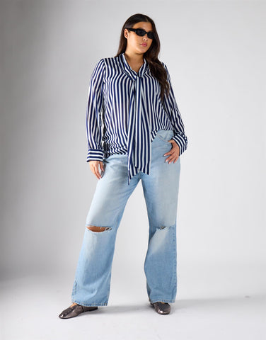 Glamorous Curve Navy Cream Stripe Bow-Collar Blouse