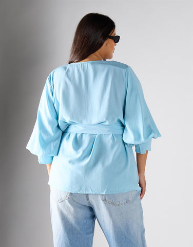 Glamorous Curve Pastel Blue Wrapped Top