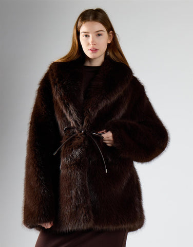 Deep Brown Fur Oversized Tie Waist Coat