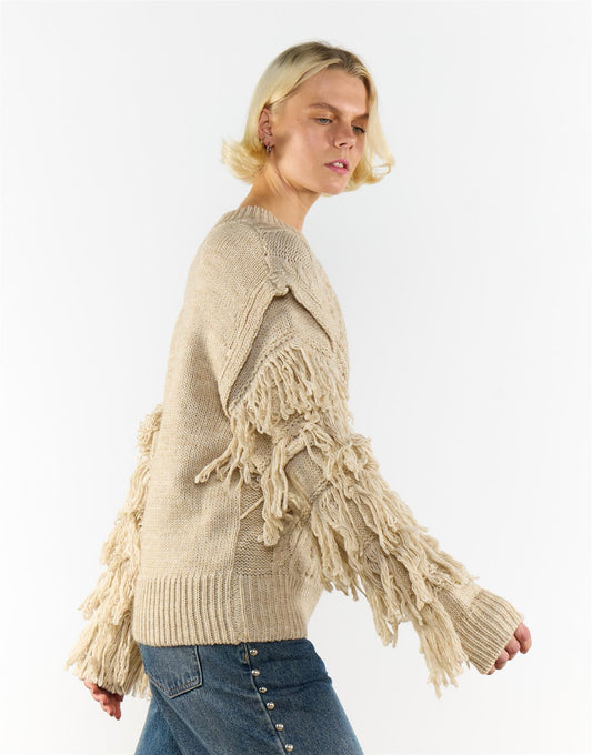 Ecru Marl Fringe Sleeve Cable Knit Jumper