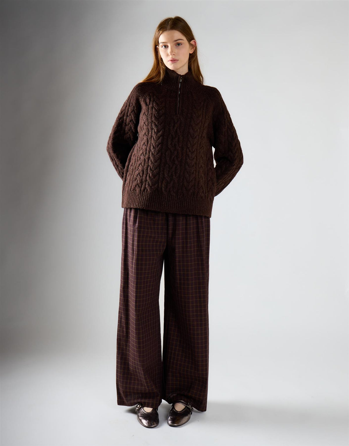 Dark Brown Marl Cable Knit Quarter Zip Jumper