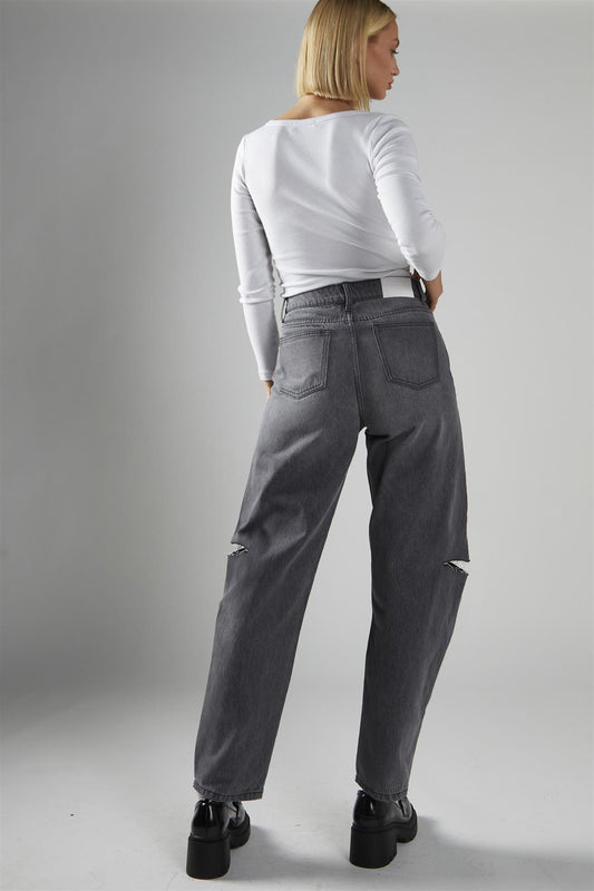 Dark Grey Wash Ripped Straight Jeans