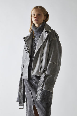 Biker Long sleeve Jacket - Grey Distressed Pu