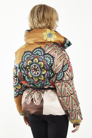 Multi Patchwork Tie Waist Puffer Jacket