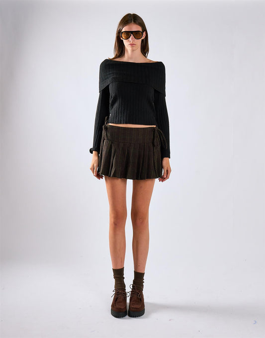 Dark Brown Check Pleated Tie Mini Skirt