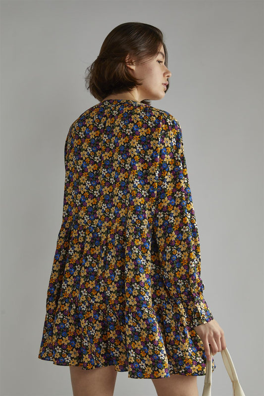 Tie Front Long Sleeve Mini Dress - Dark Floral