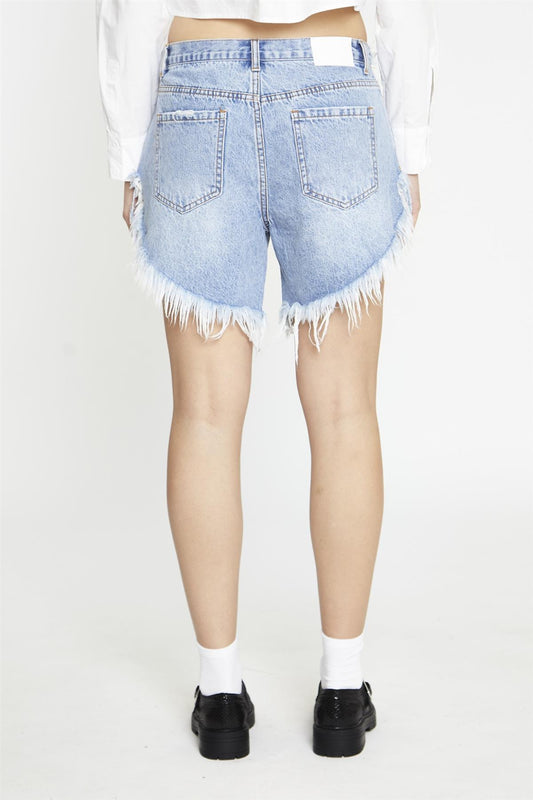 Mid-Stonewash Ripped Denim-Shorts