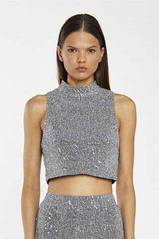 Silver-Sequin Plisse High-Neck Crop-Top