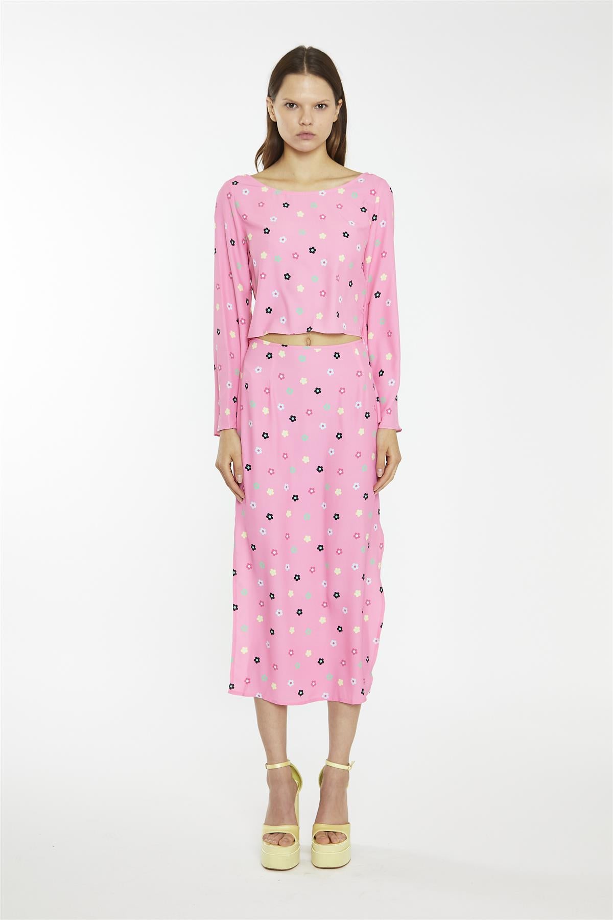 Pink Multi-Flower Bias-Cut Midi-Skirt