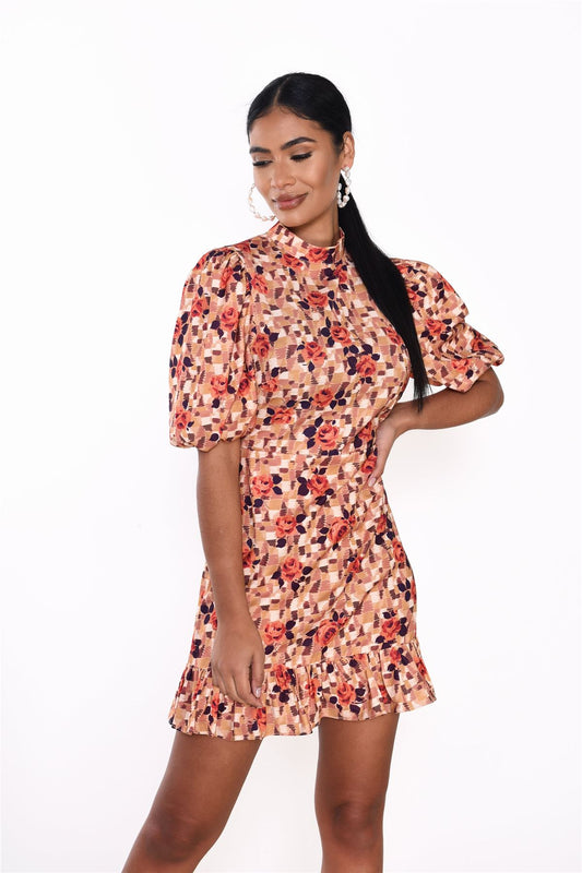 Brown-Rose Turtle-Neck Mini-Dress