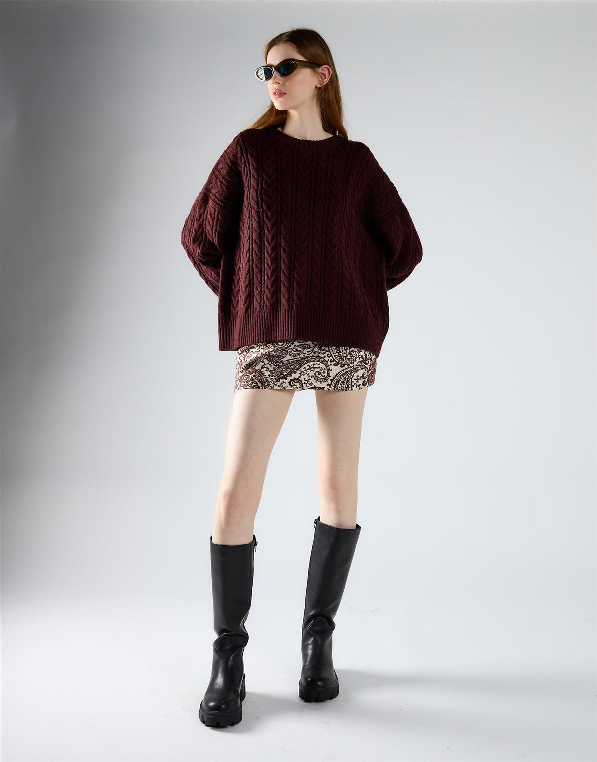 Oxblood Cable Knit Crew Neck Jumper