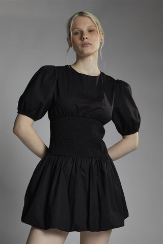 Shirred Bubble Hem Mini Dress - Black