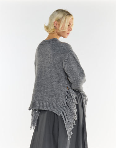Grey Marl Fringe Trim Crew-Neck Jumper
