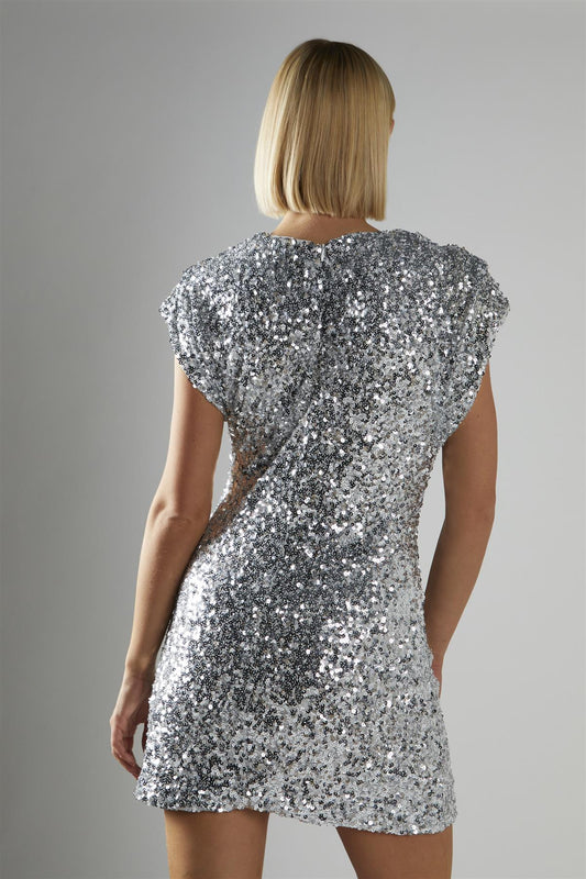 Silver-Sequin Shoulder-Pad Mini-Dress