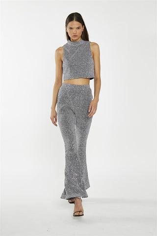 Silver-Sequin Plisse  Flared-Trousers