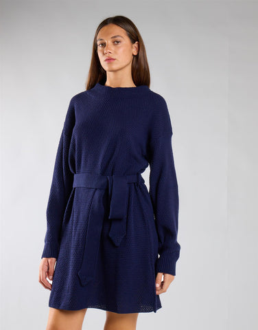 Navy Belted Long-Sleeves Knit Mini Dress